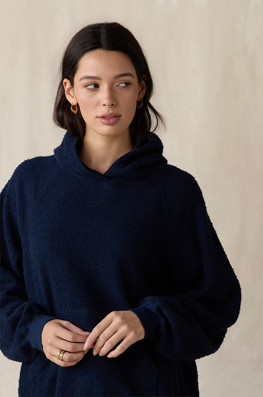 Tomboy Hoodie in indigo bouclé styled with the French Flare Pant in heather grey - the lady & the sailor