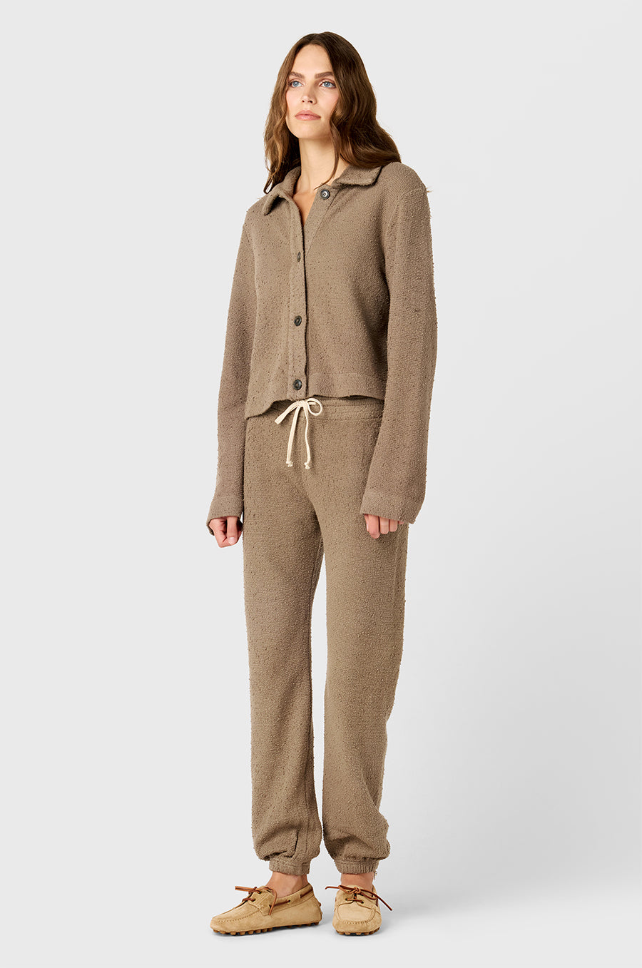 Model wearing The Lady & The Sailor Collared Cardi in Morel Bouclé and the Full Length Vintage Sweatpant in Morel Bouclé.