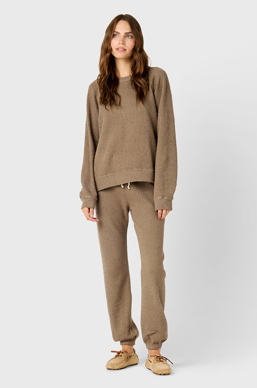 Model wearing The Lady & The Sailor Brentwood Sweatshirt in Morel Bouclé and the Full Length Vintage Sweatpant in Morel Bouclé.