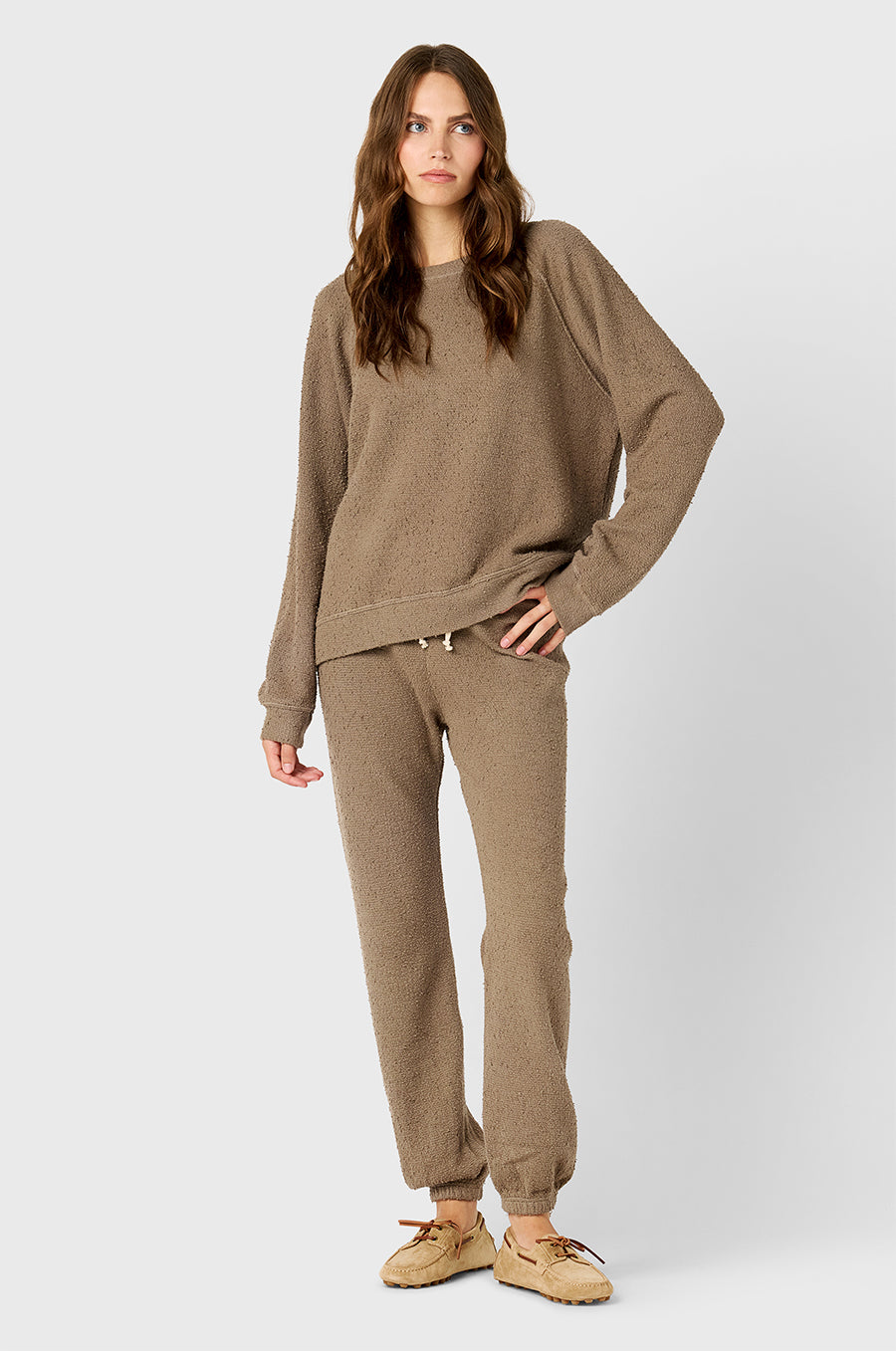 Model wearing The Lady & The Sailor Brentwood Sweatshirt in Morel Bouclé and the Full Length Vintage Sweatpant in Morel Bouclé.