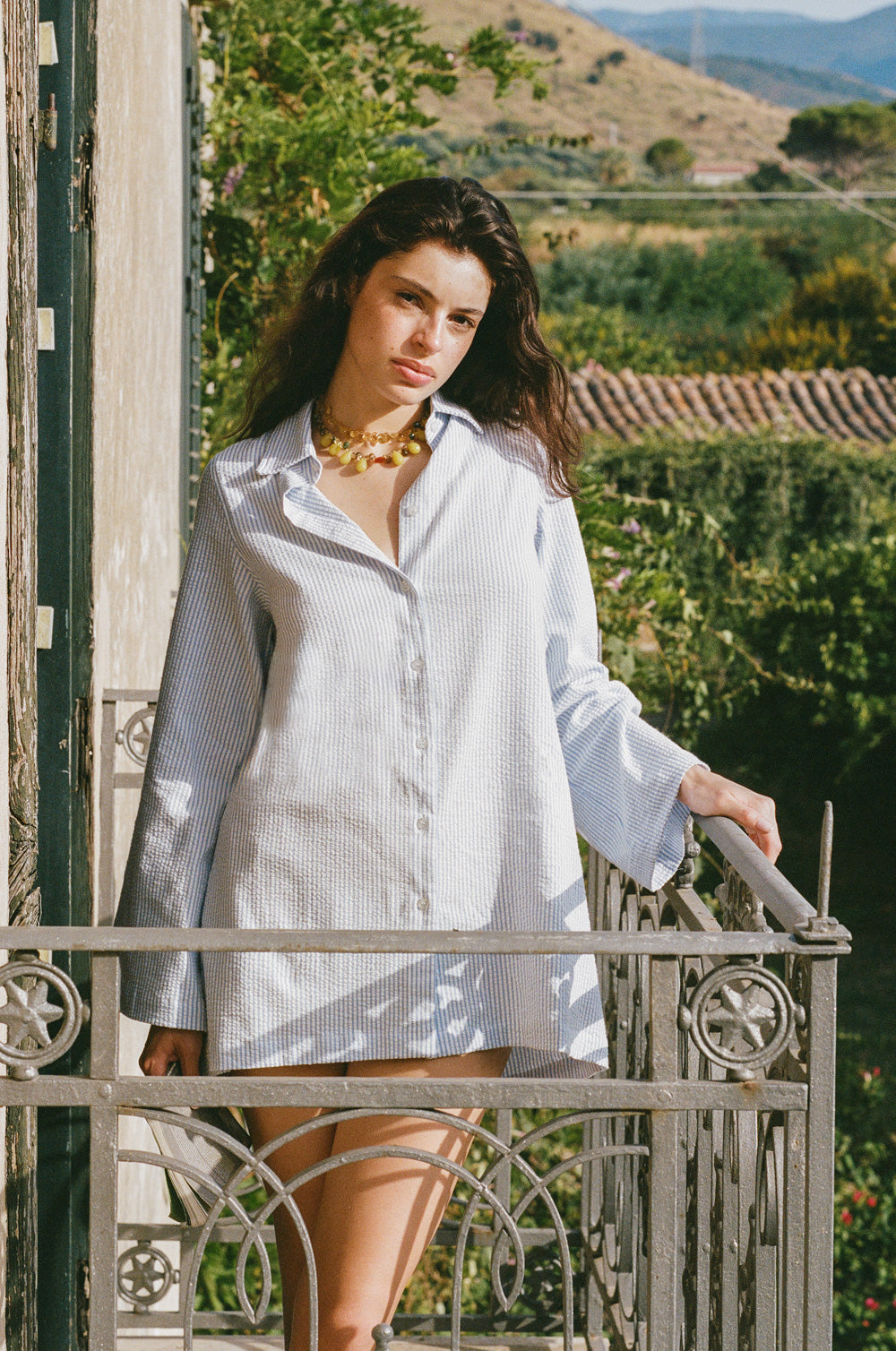 pleated mini shirt dress in blue seersucker - the lady & the sailor