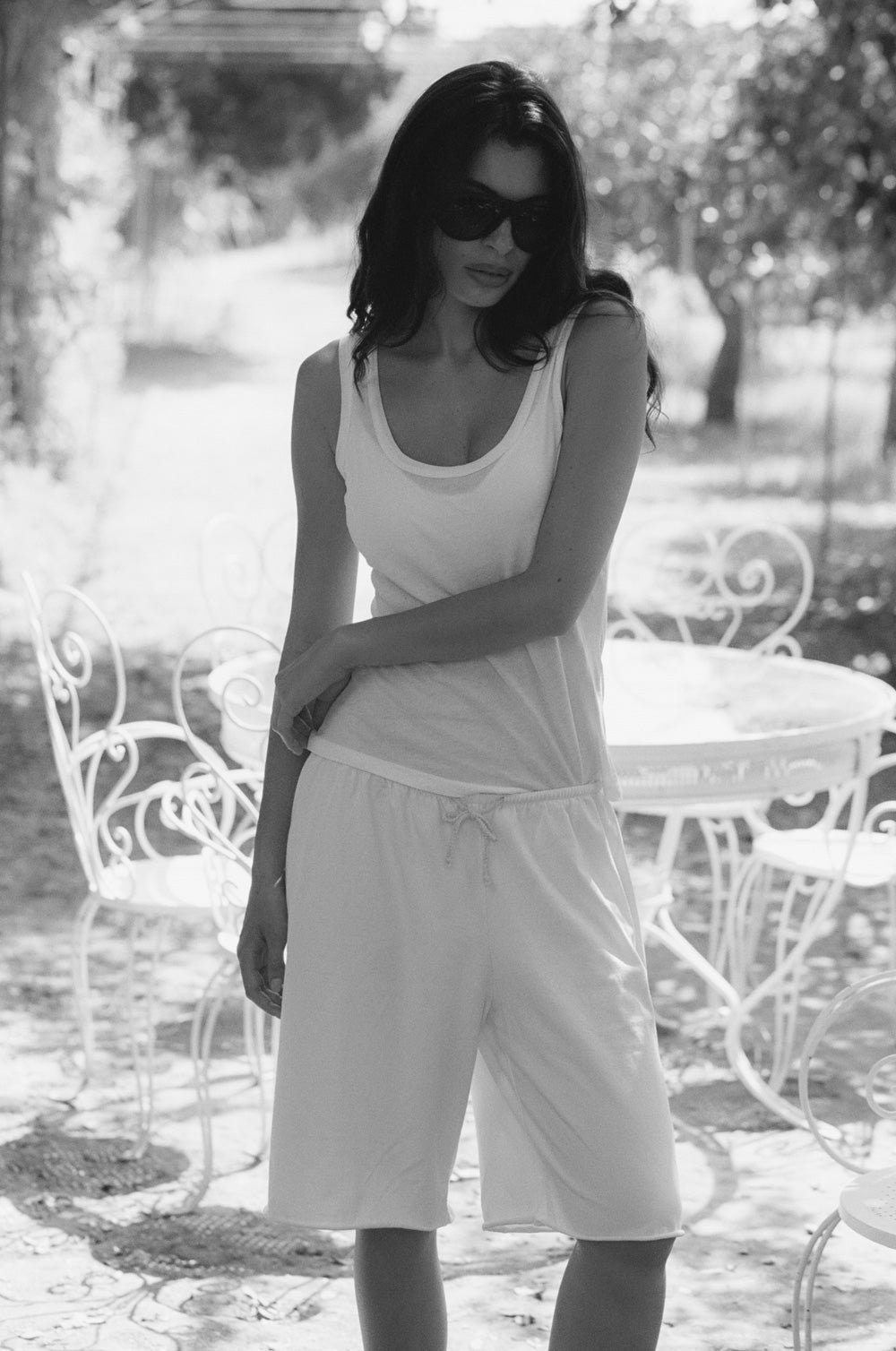 relaxed drawstring short in black jersey and the feather scoop tank in white sheer cotton - the lady & the sailor