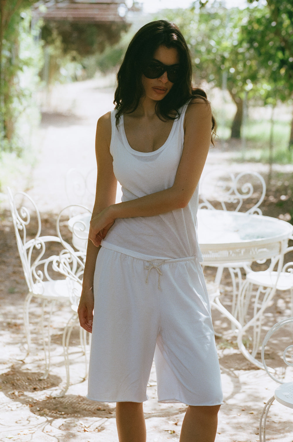 relaxed drawstring short in white jersey and the feather scoop tank in white sheer cotton - the lady & the sailor