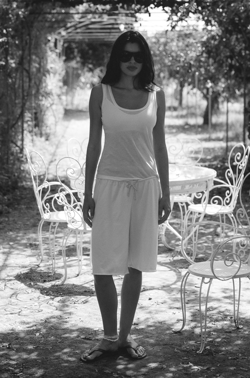 relaxed drawstring short in black jersey and the feather scoop tank in white sheer cotton - the lady & the sailor