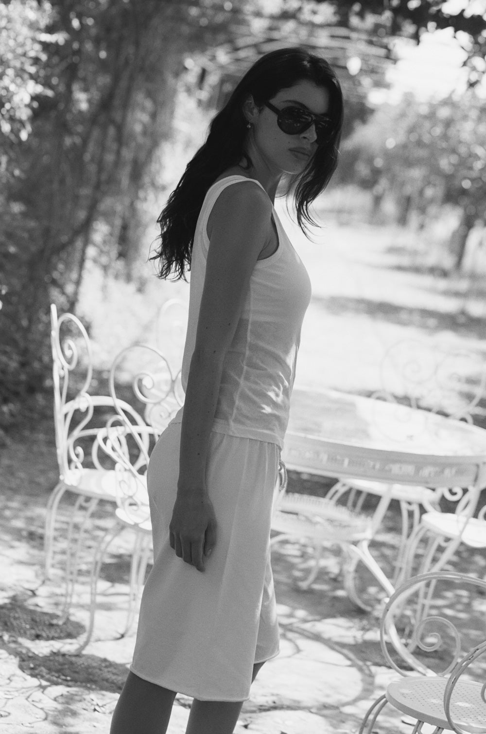 relaxed drawstring short in black jersey and the feather scoop tank in white sheer cotton - the lady & the sailor