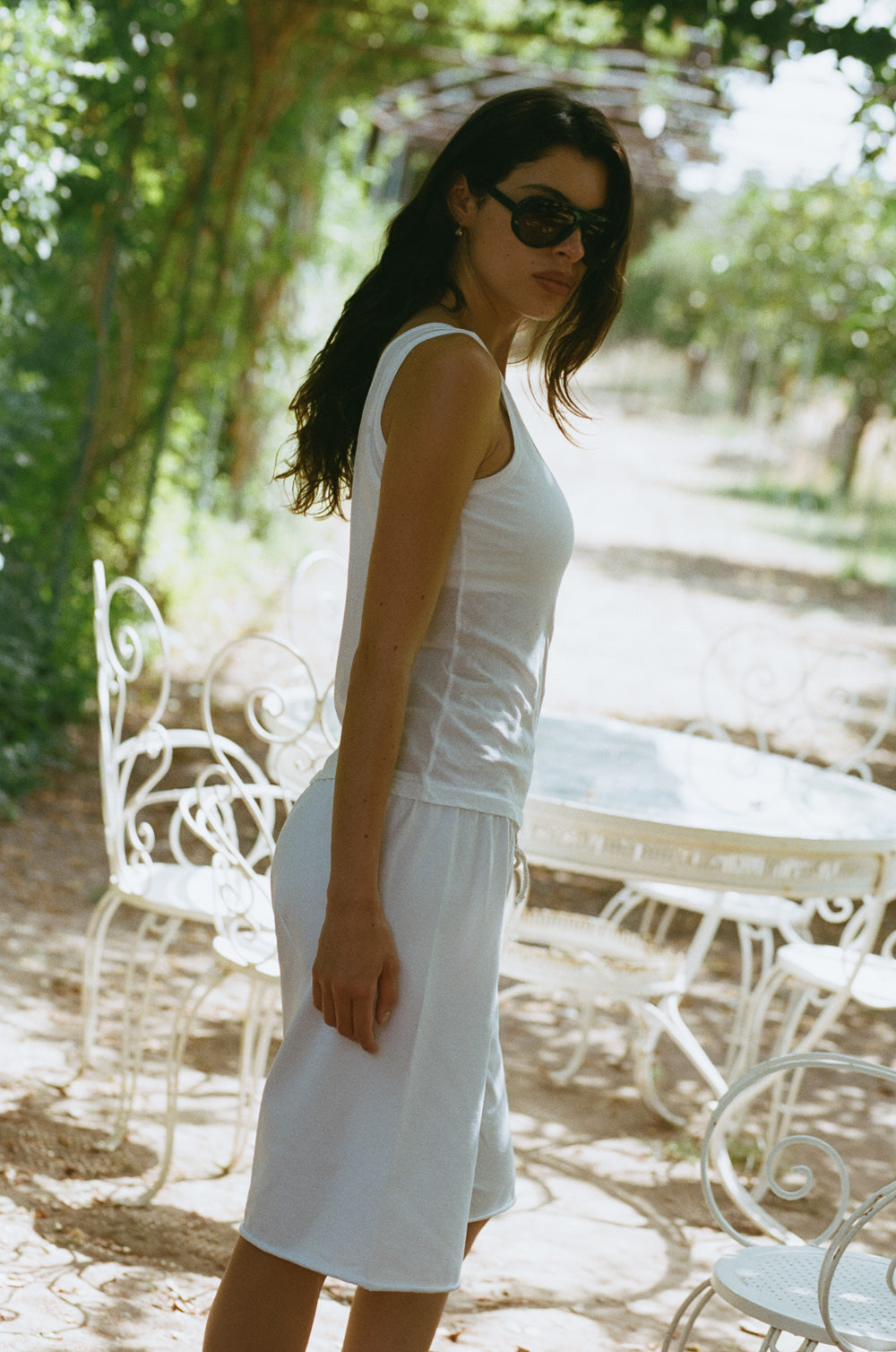 relaxed drawstring short in white jersey and the feather scoop tank in white sheer cotton - the lady & the sailor