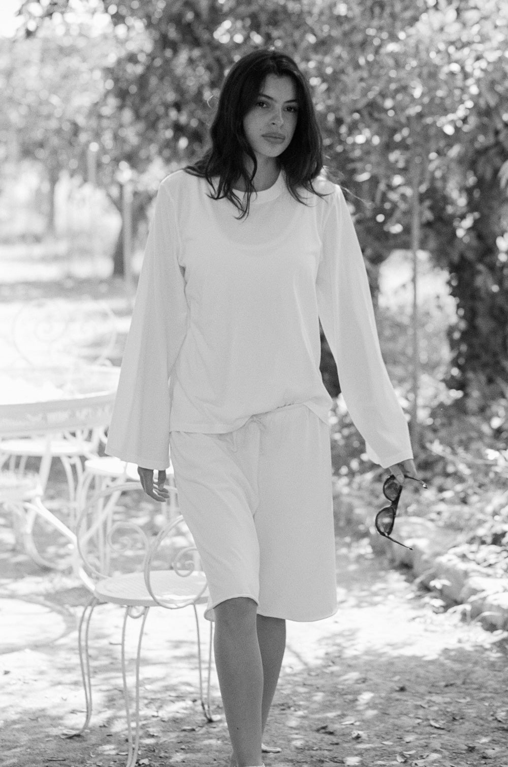 relaxed drawstring short in black jersey and the l/s relaxed crew in white luxe cotton - the lady & the sailor