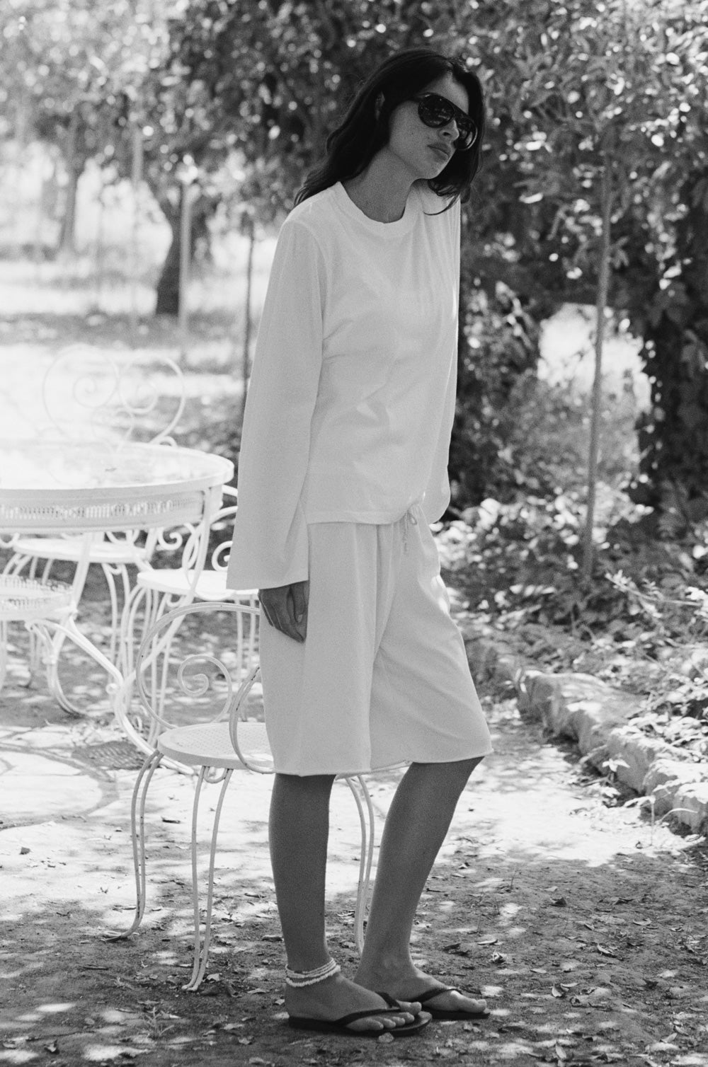 relaxed drawstring short in black jersey and the l/s relaxed crew in white luxe cotton - the lady & the sailor