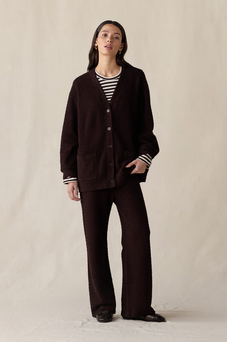 Classic Pocket Cardi and Everyday Pant in espresso bouclé styled with the Relaxed L/S Tee in cocoa stripe - the lady & the sailor