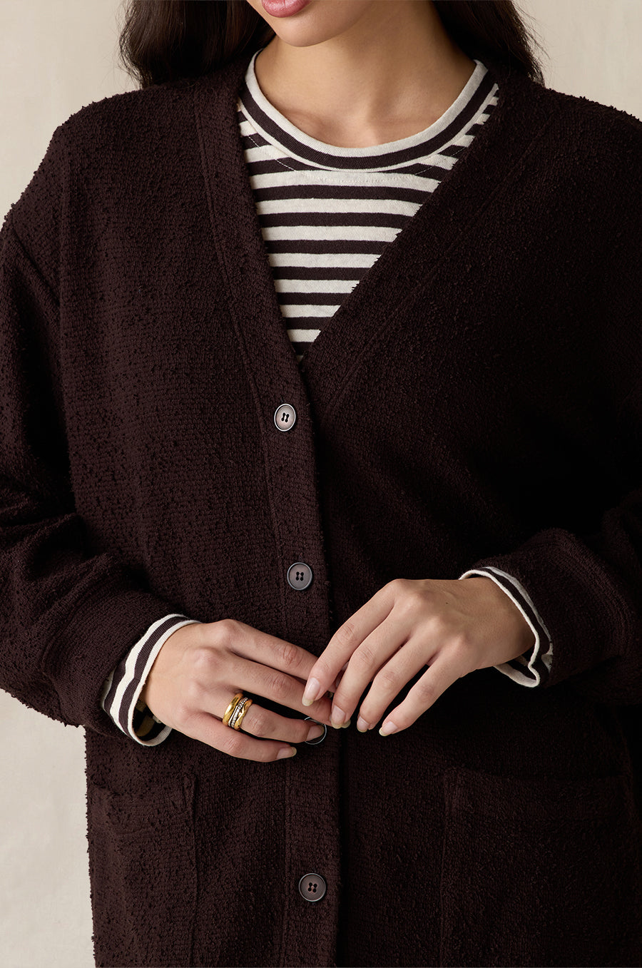 Classic Pocket Cardi in espresso bouclé styled with the Relaxed L/S Tee in cocoa stripe - the lady & the sailor