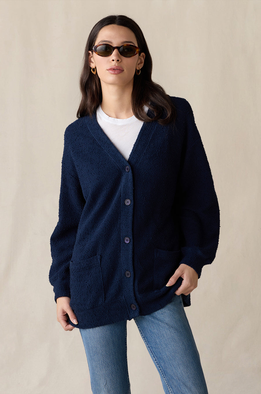 Classic Pocket Cardi in indigo bouclé styled with the Shrunken BF Tee in white - the lady & the sailor