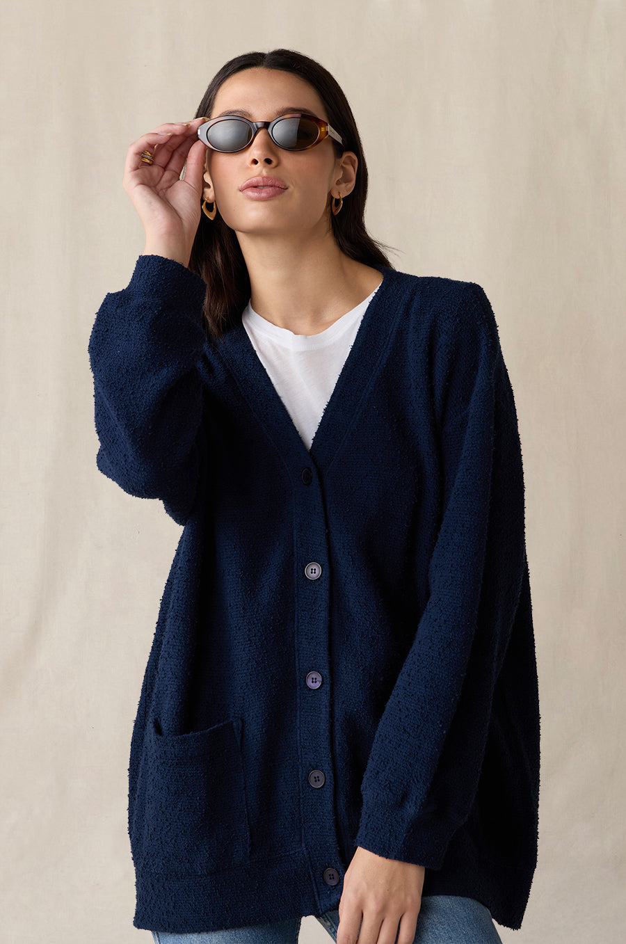 Classic Pocket Cardi in indigo bouclé styled with the Shrunken BF Tee in white - the lady & the sailor