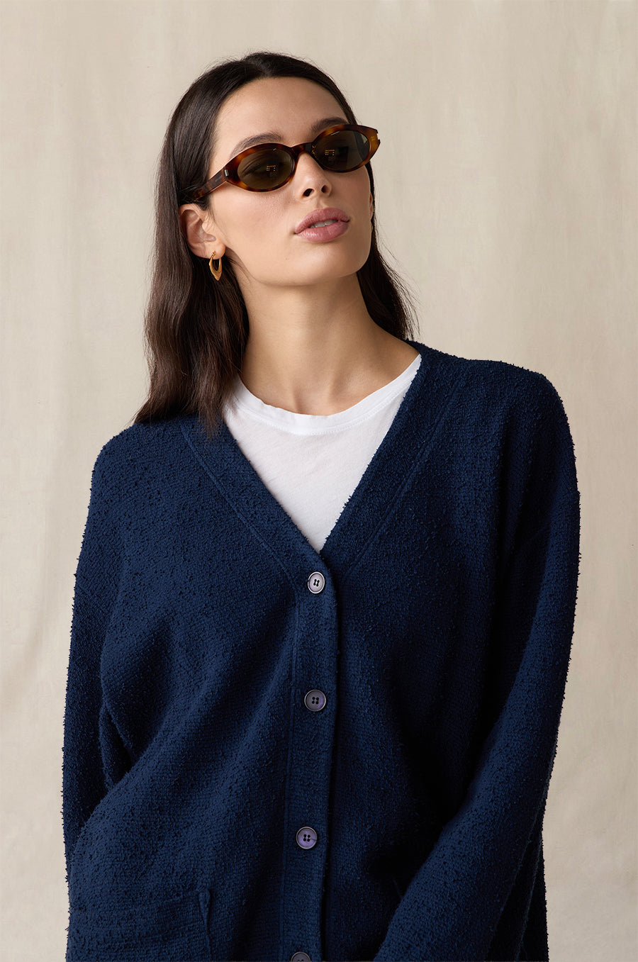 Classic Pocket Cardi in indigo bouclé styled with the Shrunken BF Tee in white - the lady & the sailor