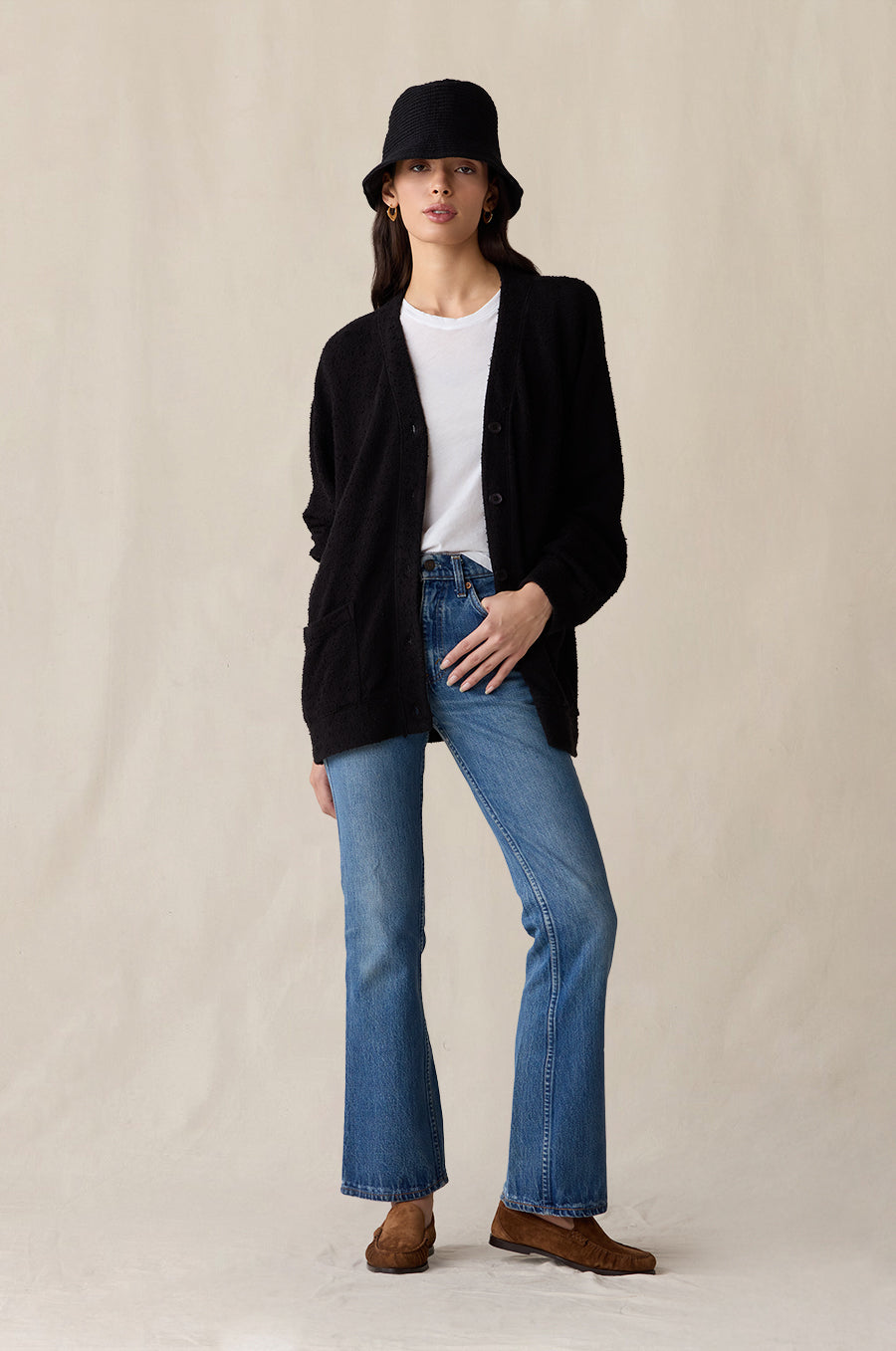 Knit Chapeau in Black styled with the Classic Pocket Cardi in Black Bouclé, and Shrunken BF Tee - the lady & the sailor