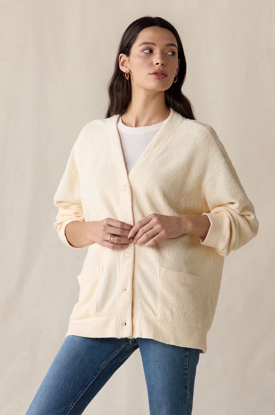 Classic Pocket Cardi in crème bouclé styled with the L/S Scoop Tee in white - the lady & the sailor