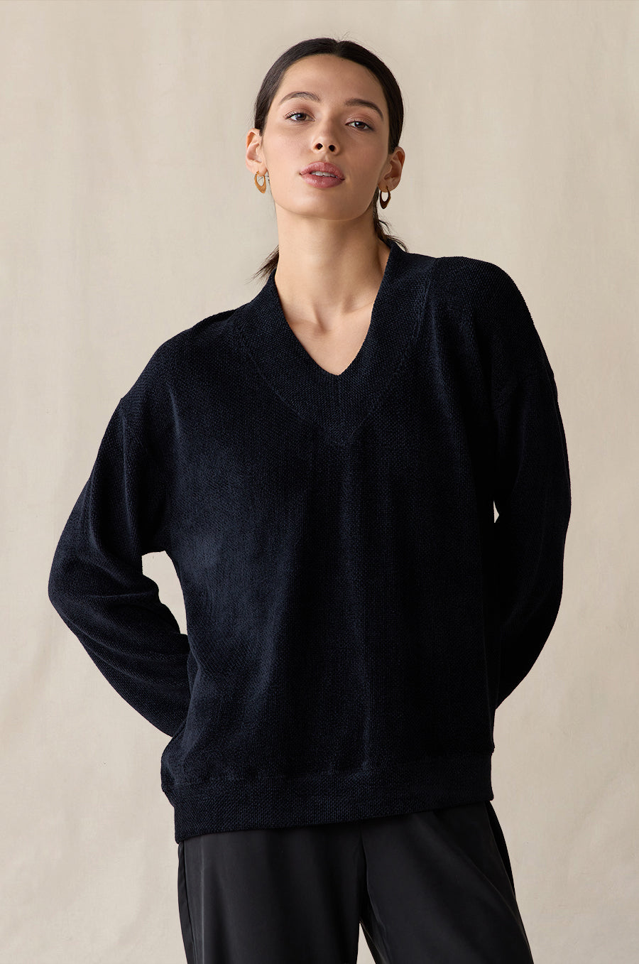 Relaxed V-Neck Pullover in midnight chenille styled with the Silky Wide Leg Pant in washed black - the lady & the sailor