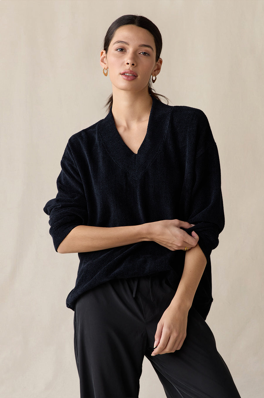 Relaxed V-Neck Pullover in midnight chenille styled with the Silky Wide Leg Pant in washed black - the lady & the sailor