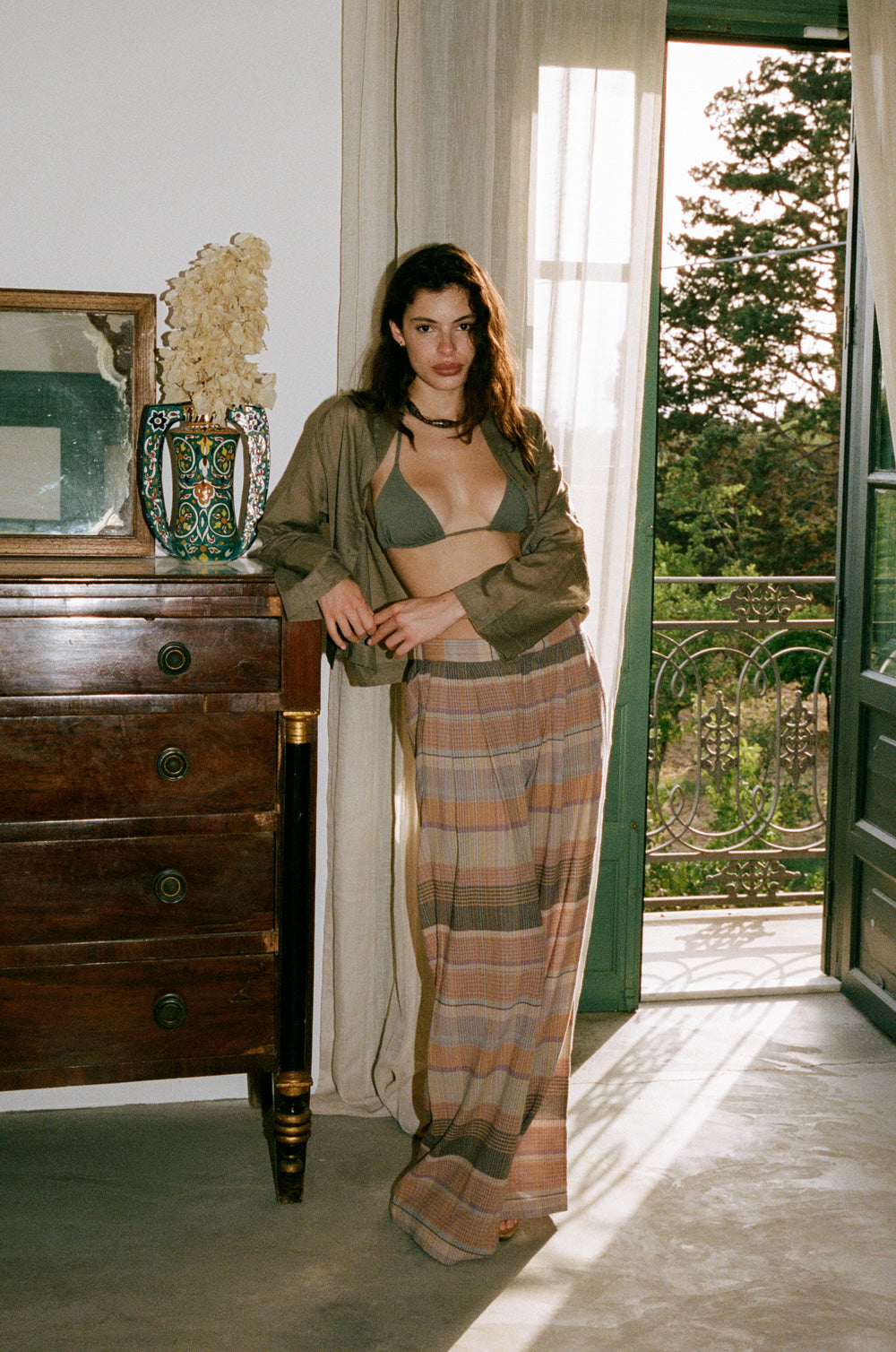the relaxed trouser in terracotta plaid styled with the shawl collar blouse in sheer taupe - the lady & the sailor