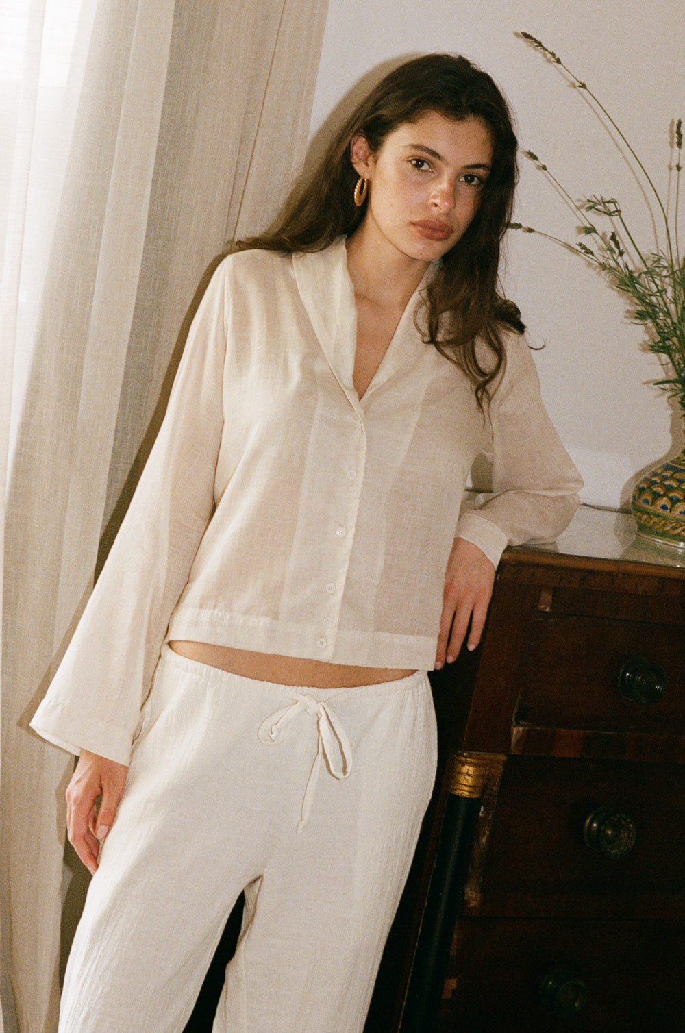 The wide leg cuff pant in sea salt and the shawl collar blouse in sheer ecru - the lady & the sailor