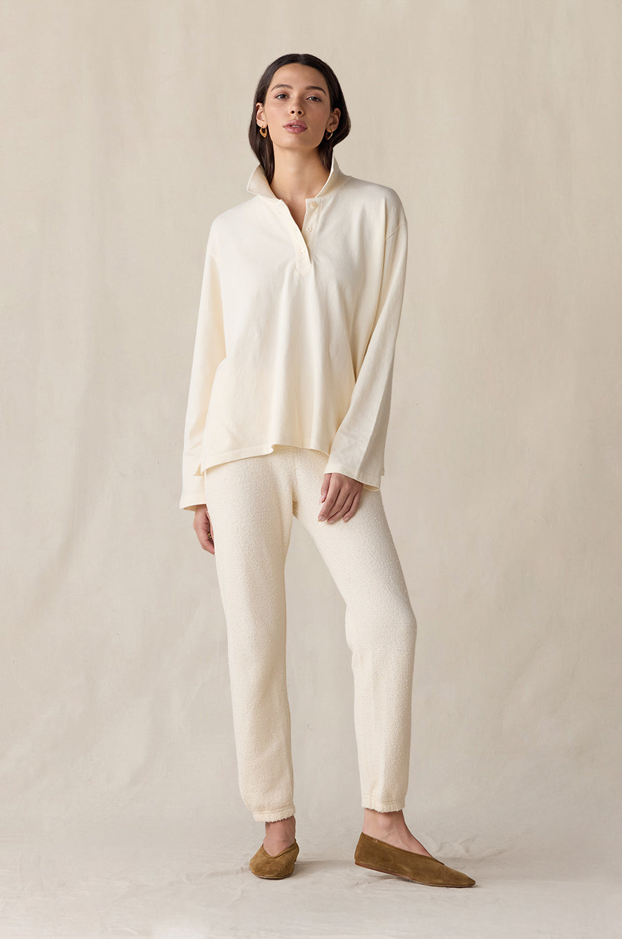 Vintage Sweatpant in vanilla bouclé styled with the BF Polo in vanilla - the lady & the sailor