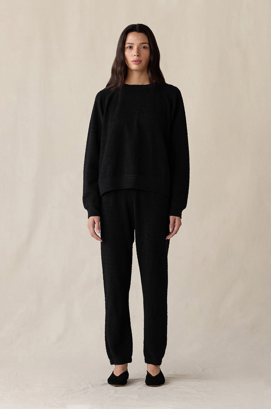 The Brentwood Sweatshirt and Vintage Sweatpant in black bouclé - the lady & the sailor