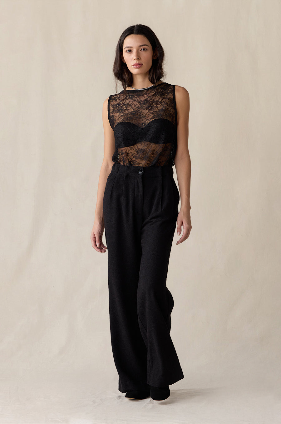 The Mini Lace Tunic in black styled with the Slouchy High Waisted Trousers in Jet Black - the lady & the sailor