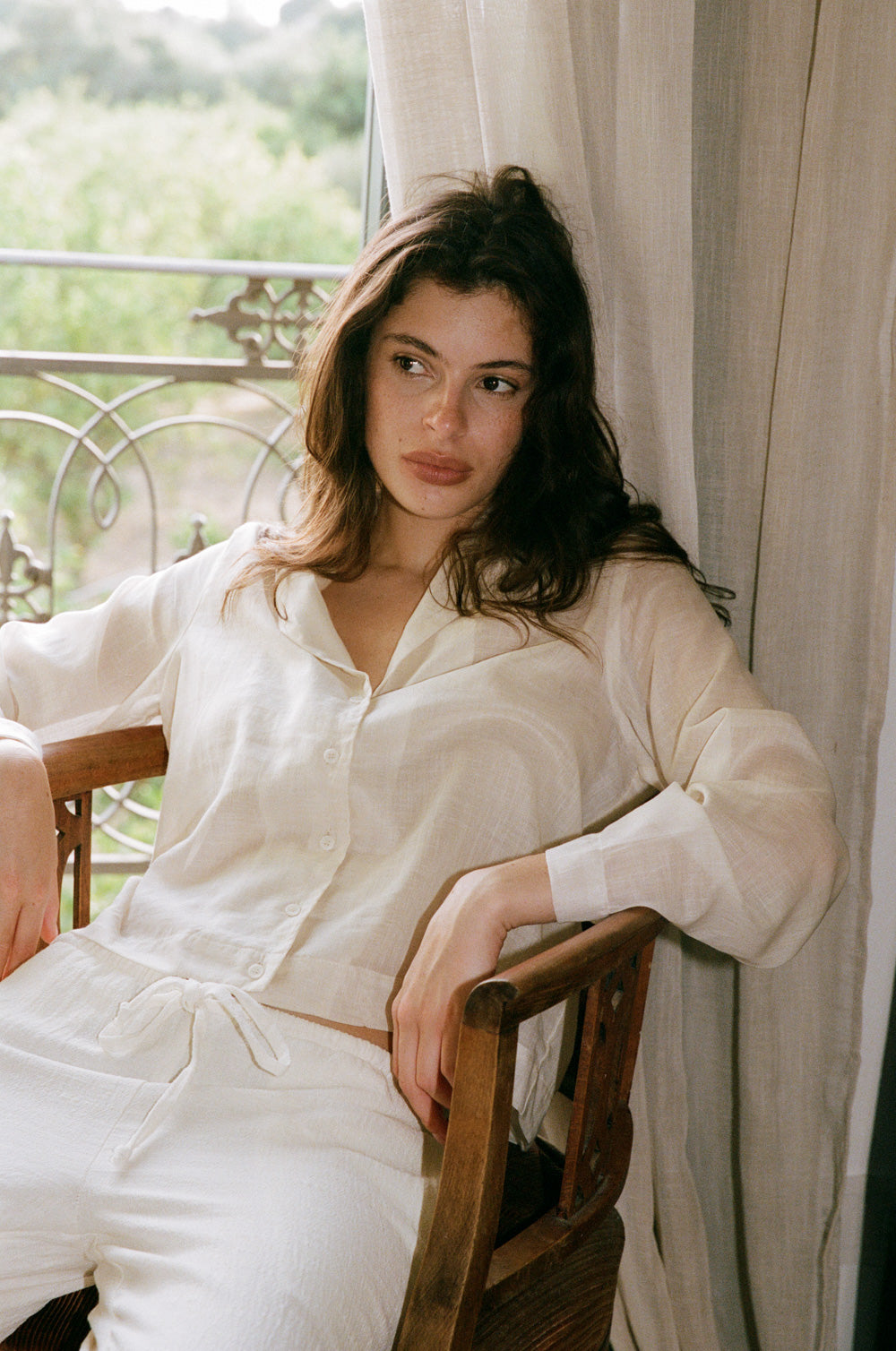 The wide leg cuff pant in sea salt and the shawl collar blouse in sheer ecru - the lady & the sailor