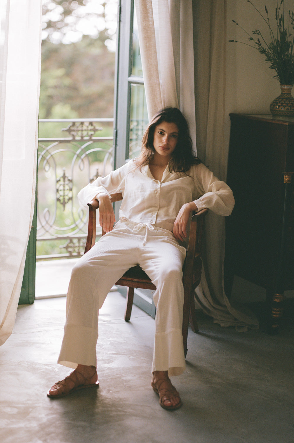 The wide leg cuff pant in sea salt and the shawl collar blouse in sheer ecru - the lady & the sailor