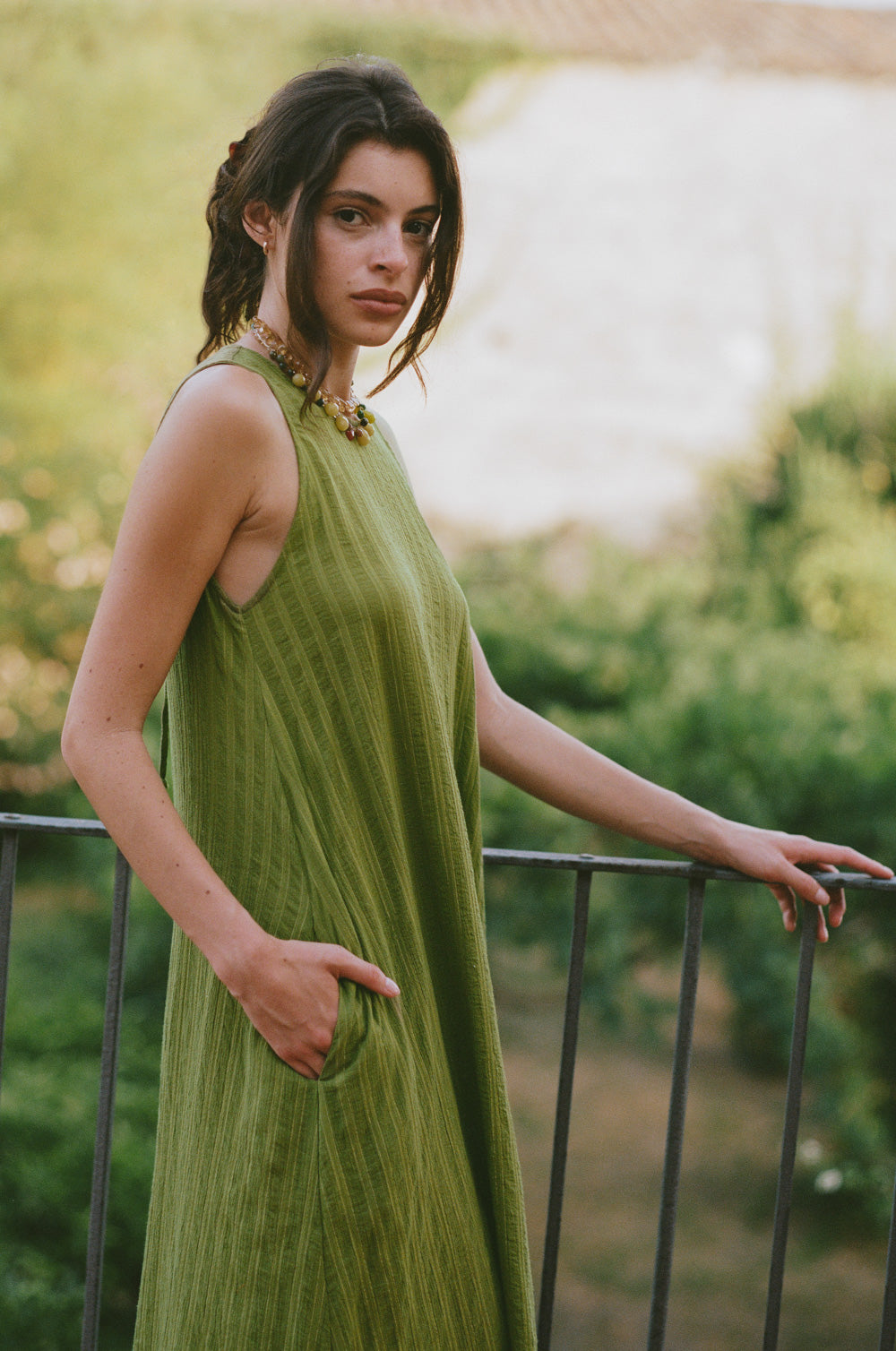 isola maxi dress in kiwi/gold stripe - the lady & the sailor