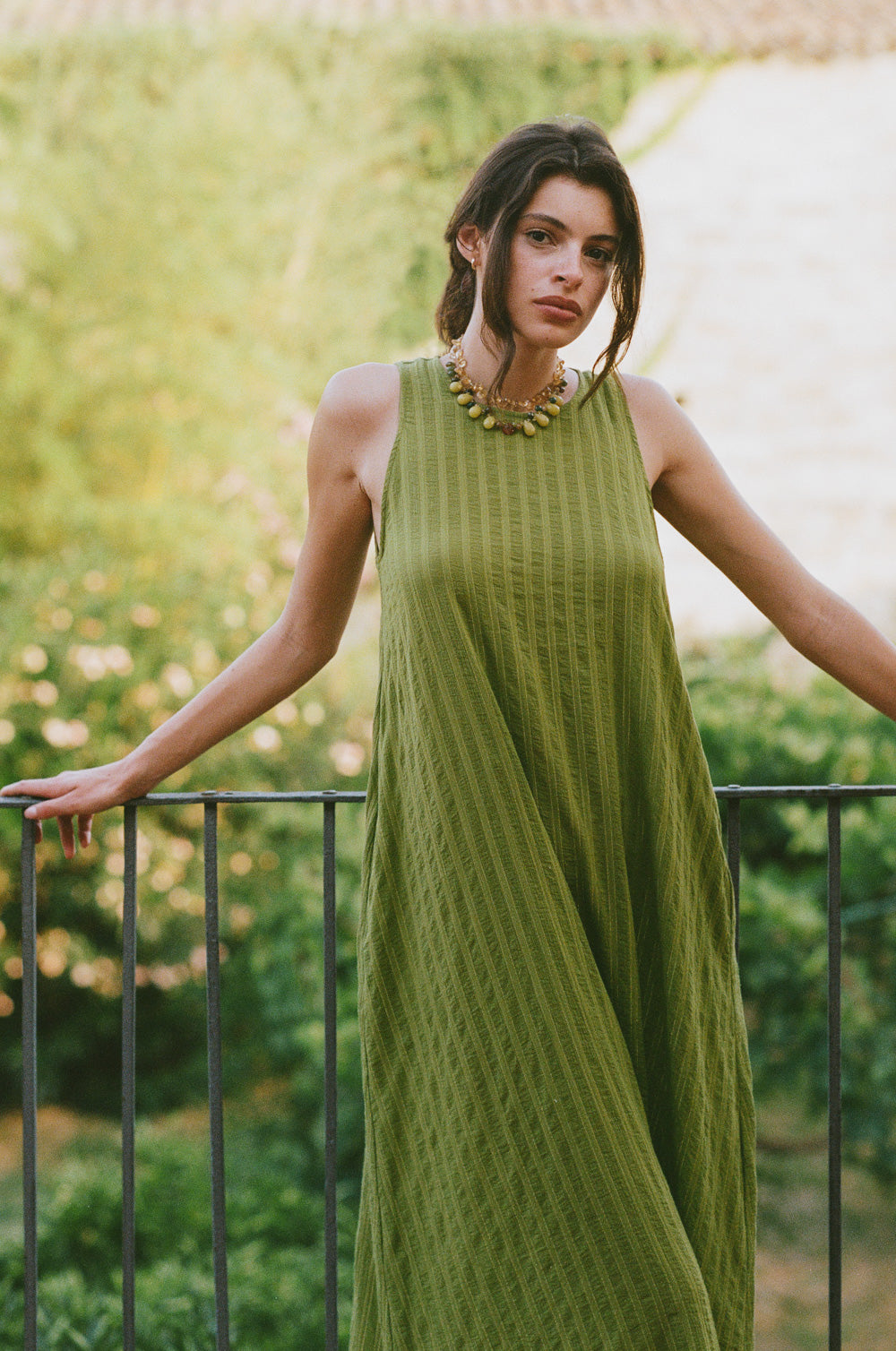 isola maxi dress in kiwi/gold stripe - the lady & the sailor