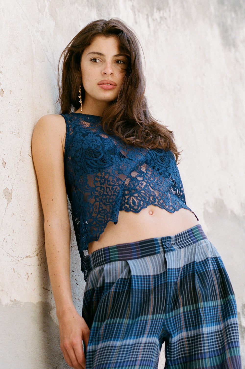 Scalloped lace tank in Sapphire styled with the relaxed trouser in indigo plaid - the lady & the sailor