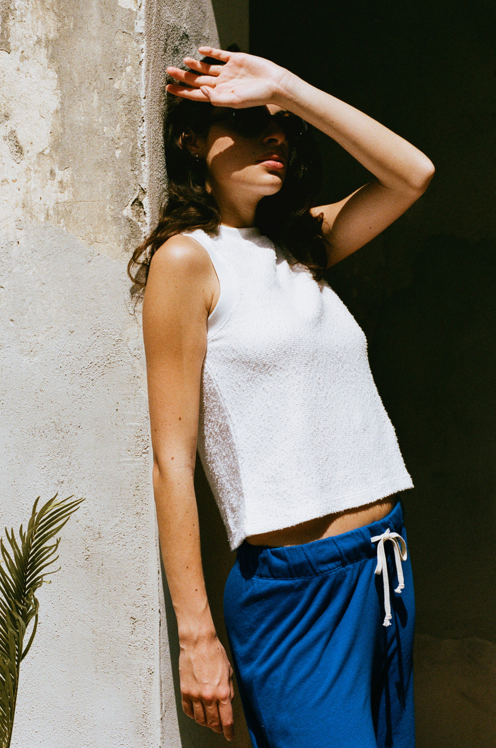 the crewneck tank in white boucle styled with the french flare in true blue organic cotton - the lady & the sailor