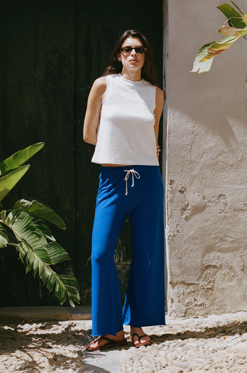 the crewneck tank in white boucle styled with the french flare in true blue organic cotton - the lady & the sailor
