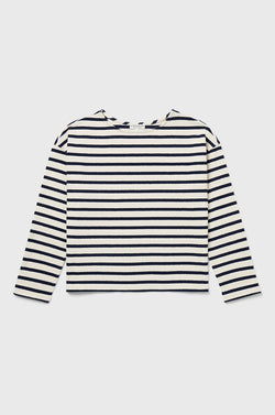the lady & the sailor Boxy Pullover in Navy Stripe.