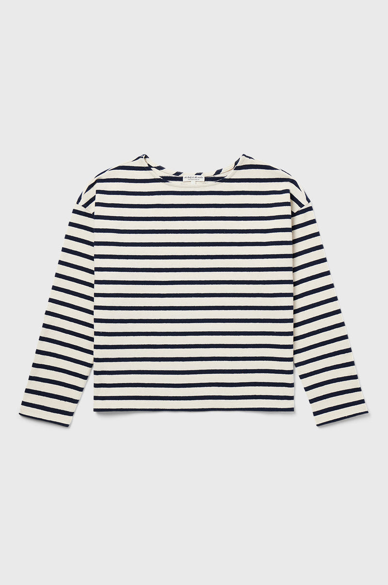 the lady & the sailor Boxy Pullover in Navy Stripe.