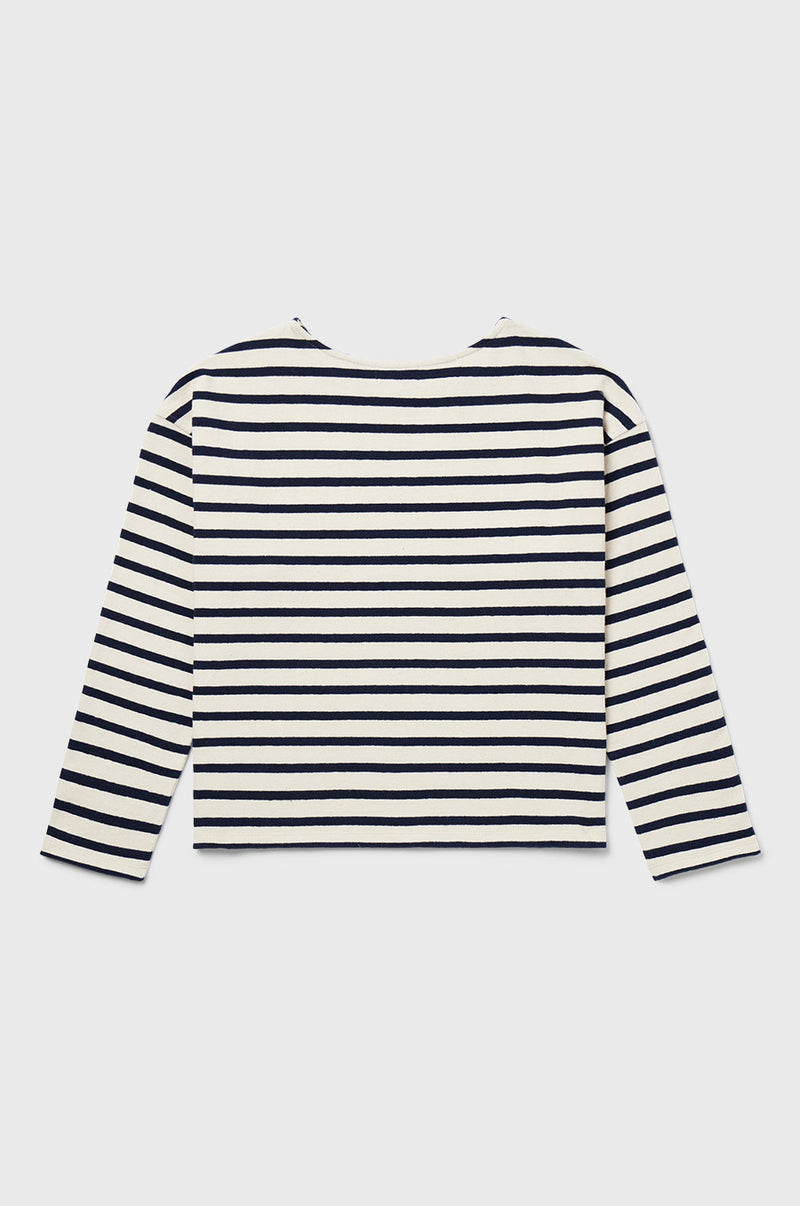 the lady & the sailor Boxy Pullover in Navy Stripe.