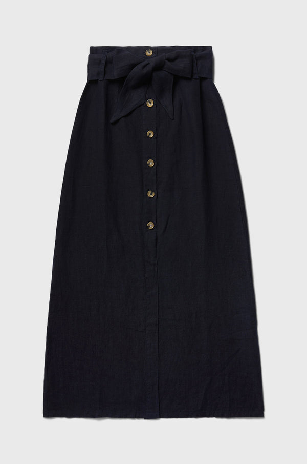 the lady & the sailor Button Front Skirt in Navy Linen.