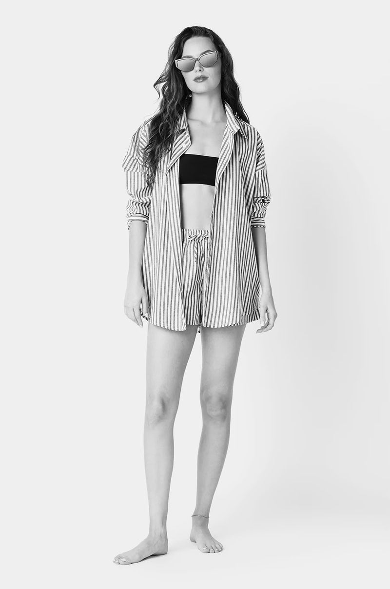 FLUTTER SHORT IN TURQUOISE STRIPE POPLIN