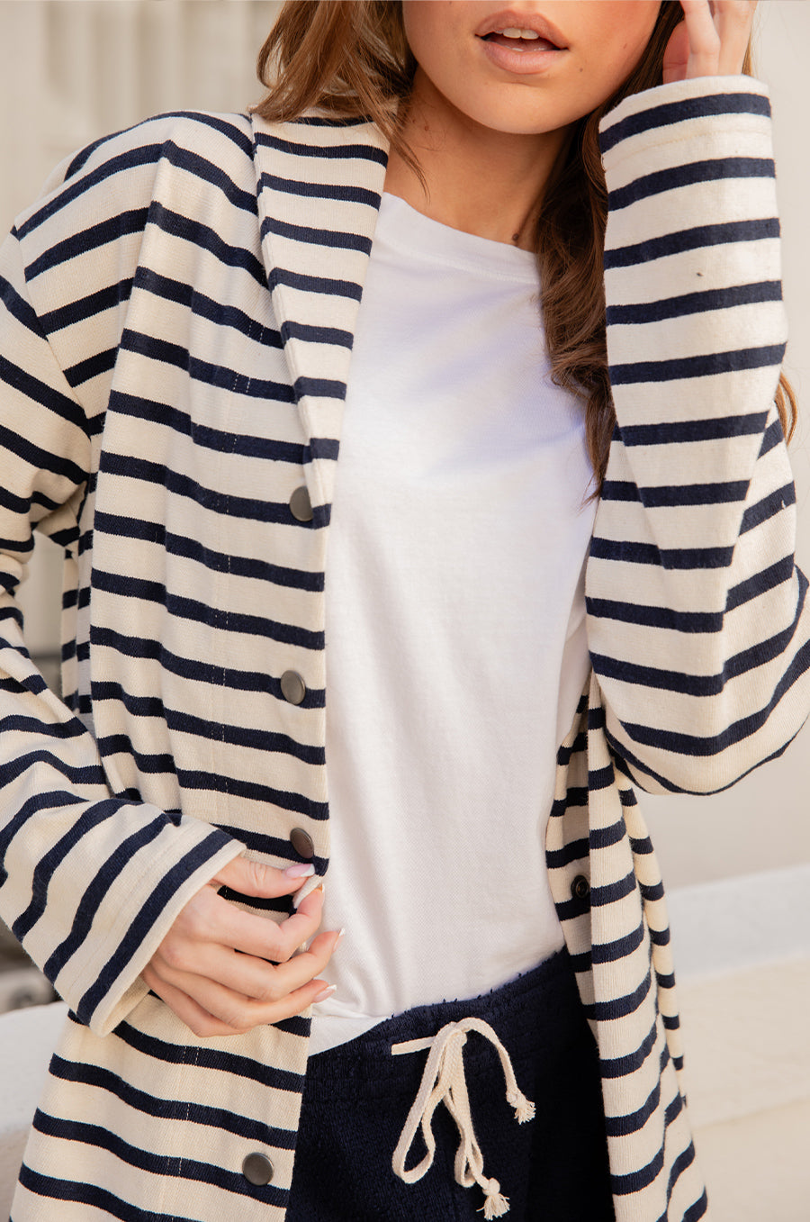 SNAP CARDI IN NAVY STRIPE