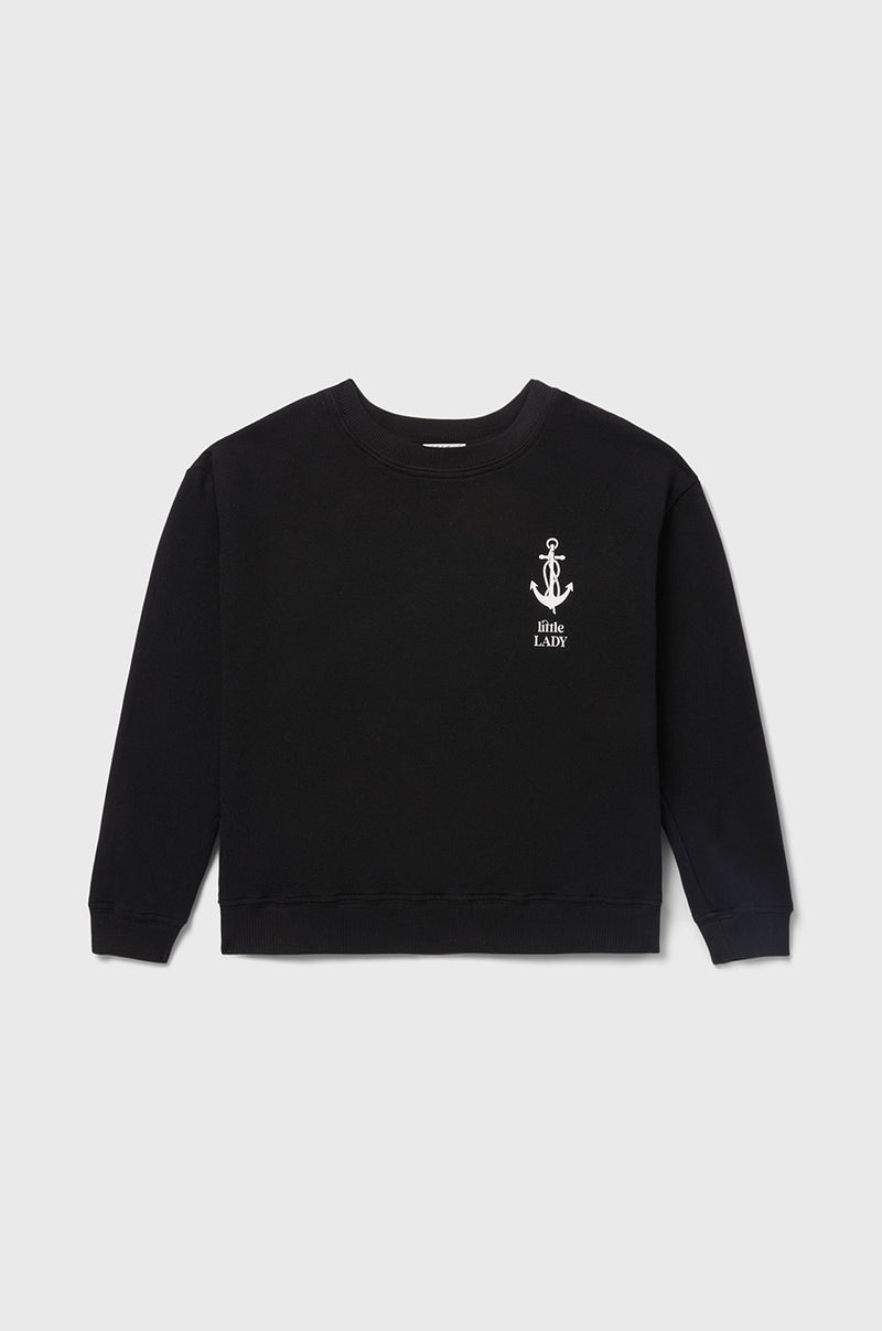 little lady & petit sailor Kids Little Lady Varsity Crewneck in Black Organic Cotton