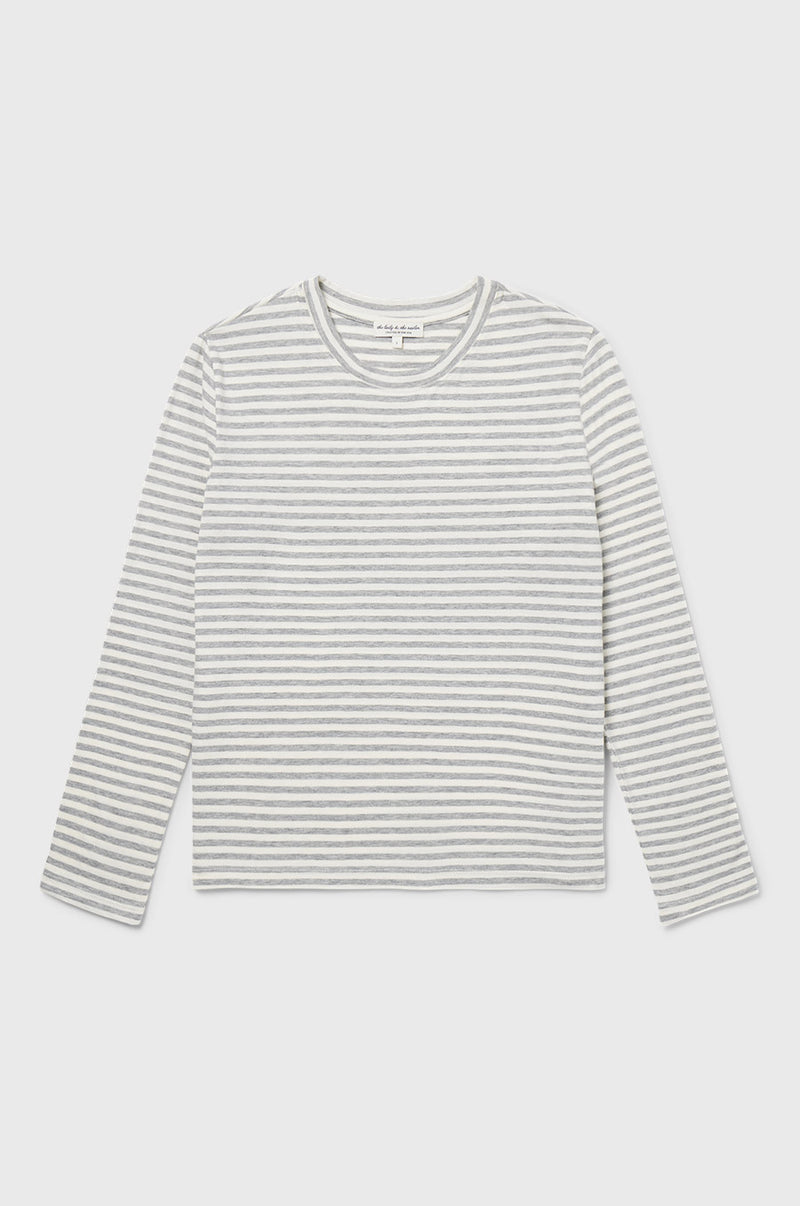 the lady & the sailor Long Sleeve Boy Tee in Grey/Natural Stripe.