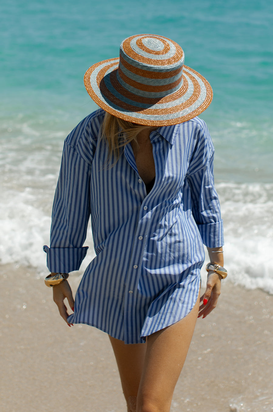 CURVED HEM BUTTON UP IN FRENCH BLUE STRIPE POPLIN