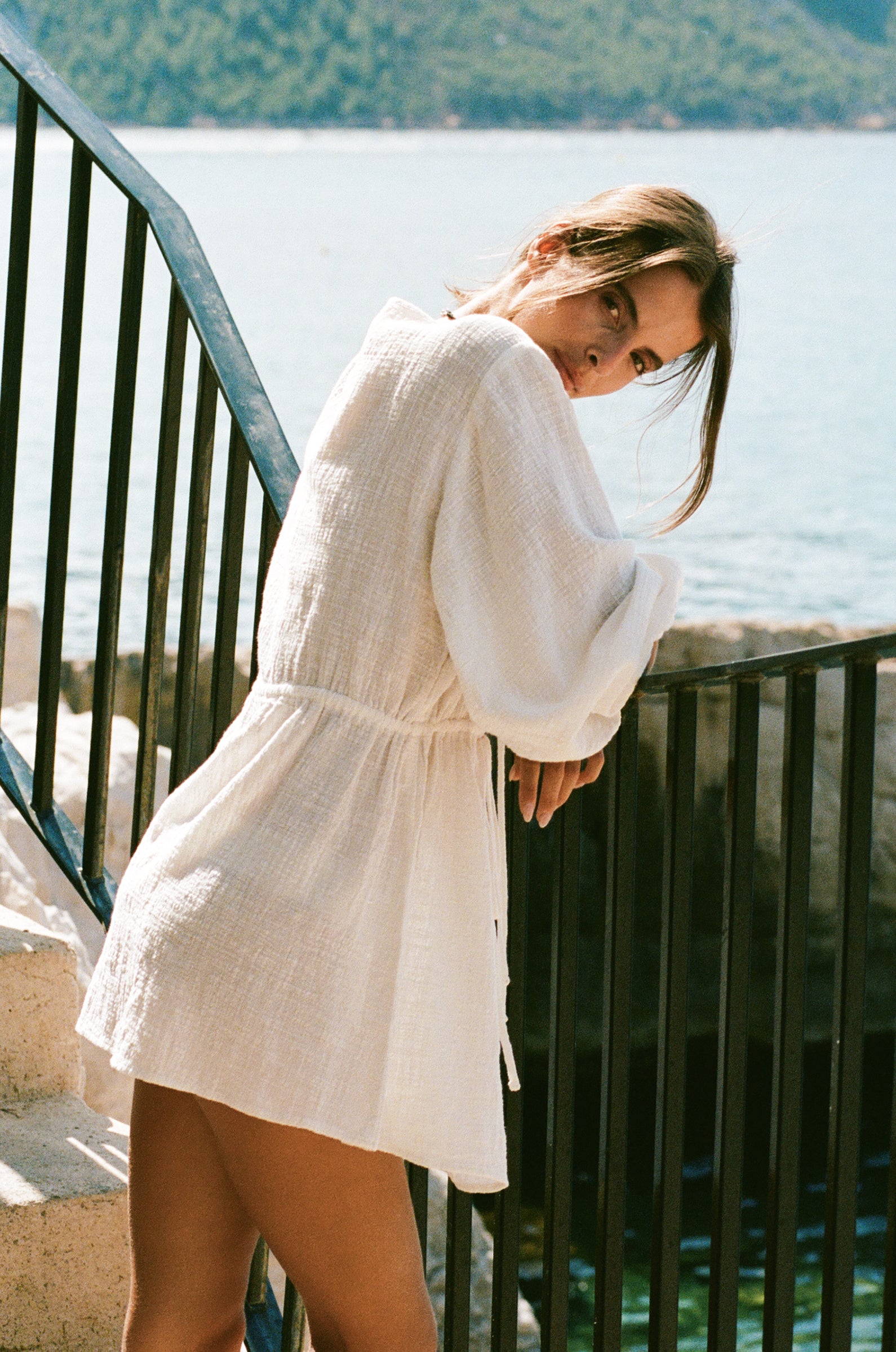 CINCHED MINI DRESS IN WHITE GAUZE
