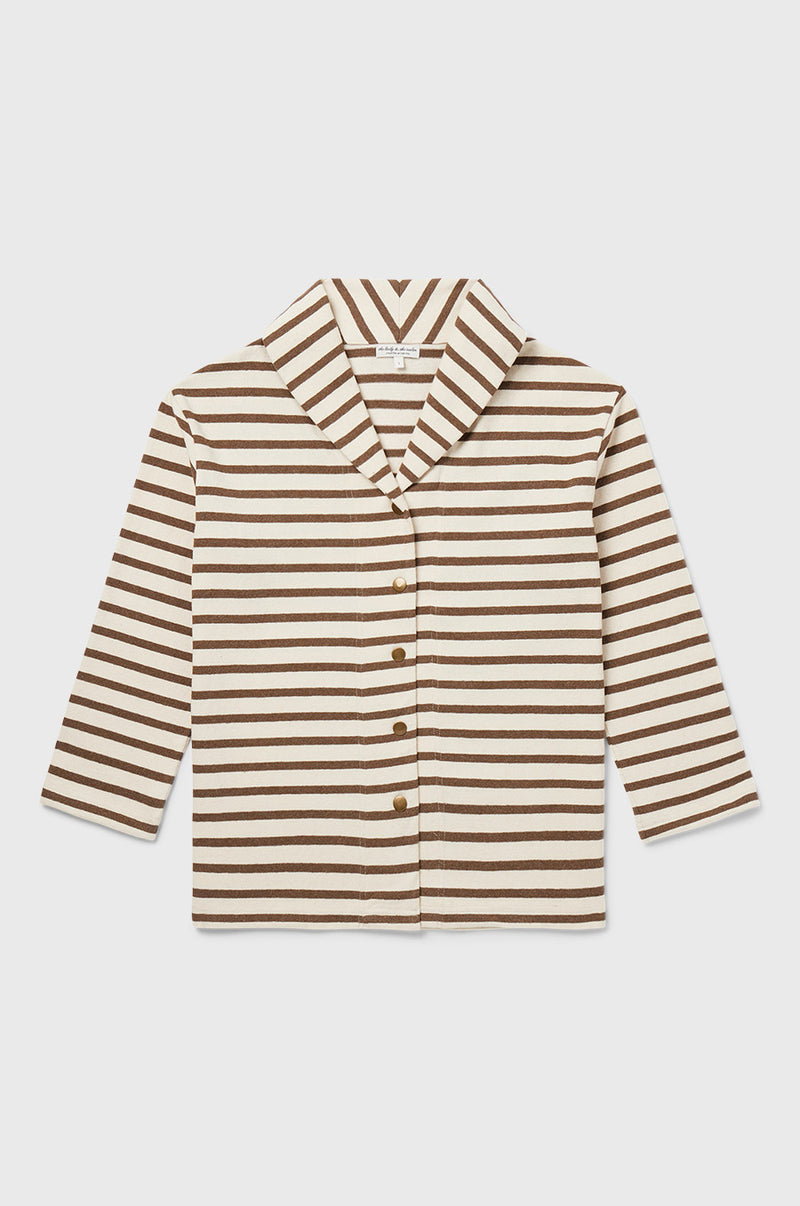 the lady and the sailor Snap Cardi in Mocha Stripe.