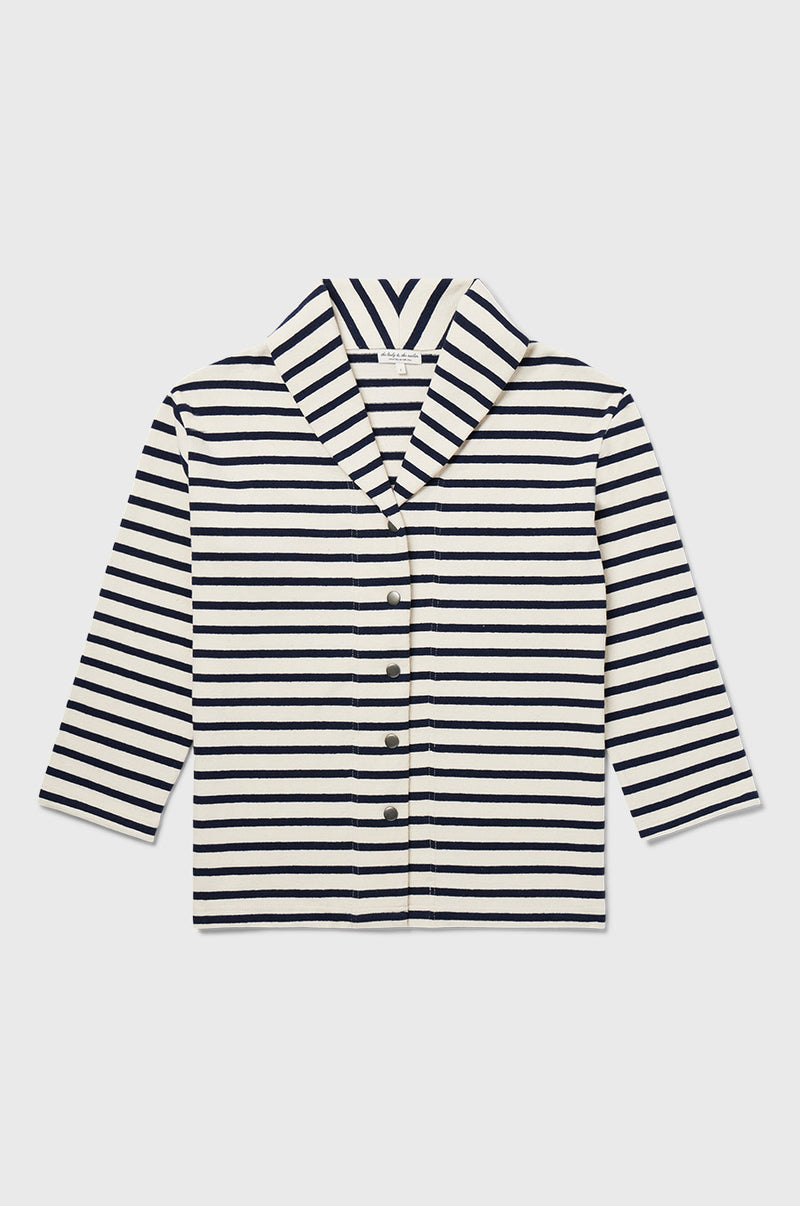 the lady and the sailor Snap Cardi in Navy Stripe.