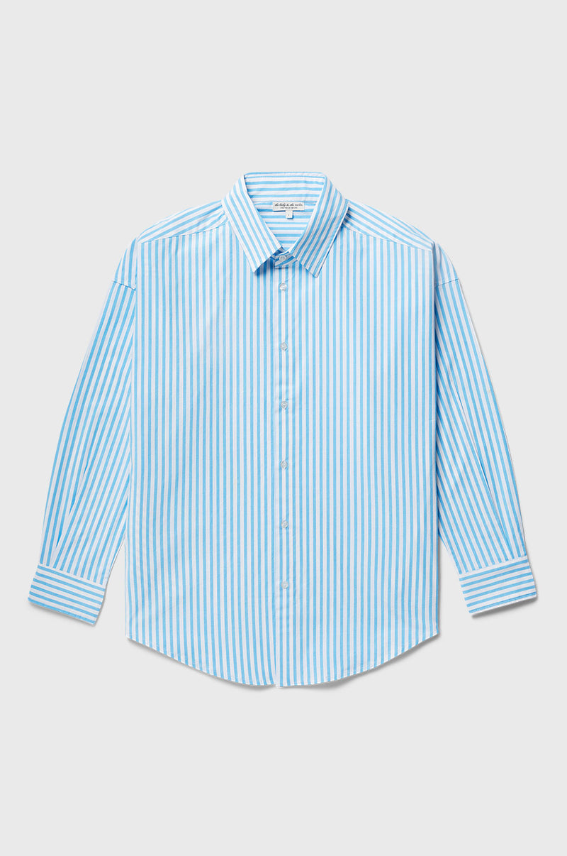 the lady & the sailor Sunday Shirt in Turquoise Stripe Poplin.