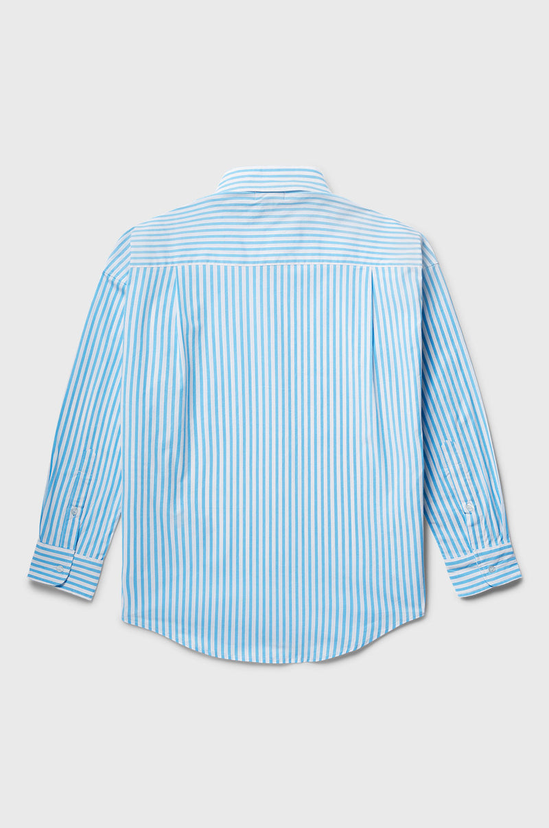 the lady & the sailor Sunday Shirt in Turquoise Stripe Poplin.