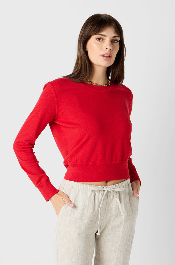Brunette Model wearing the lady & the sailor Scoopneck Sweater in Red Hemp Cotton