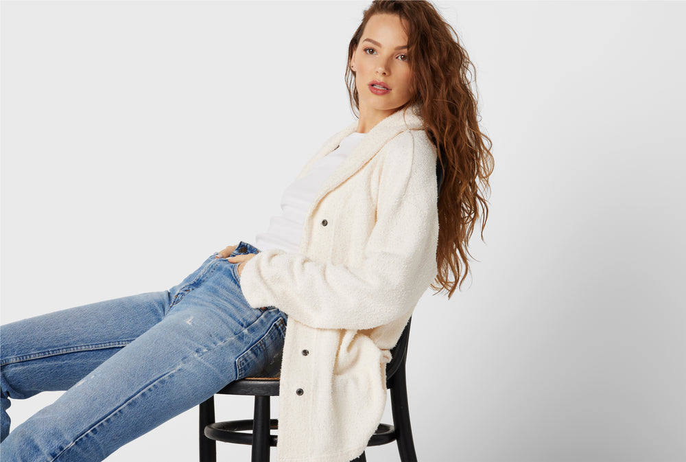 Model wearing the Snap Cardi in Vanilla Boucle
