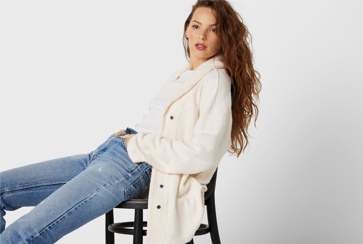 Model wearing the Snap Cardi in Vanilla Boucle